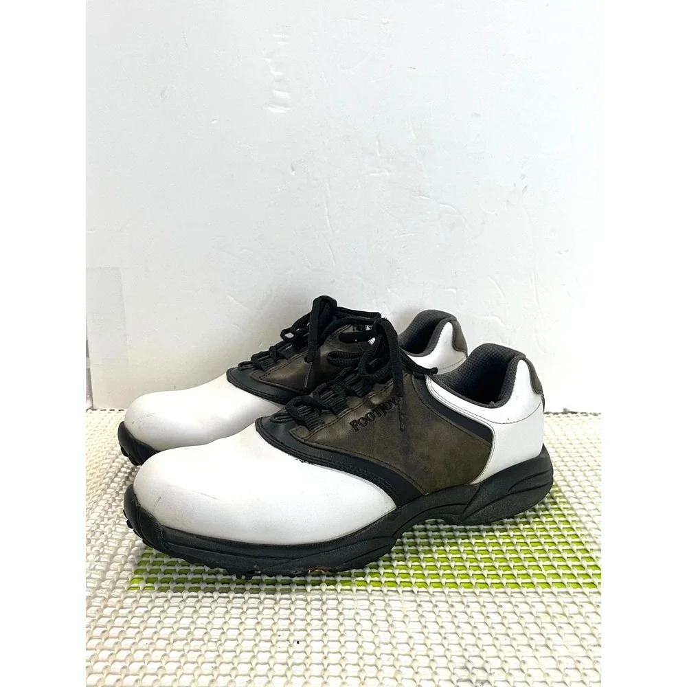 FootJoy GreenJoys Golf Shoes Men's 8.5 Wide White Brown Black Spiked 45516 GOOD
